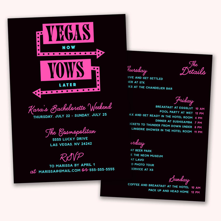 Vegas Now Vows Later Bachelorette Party Invitation | Las Vegas Customizebale, Printable, Digital Party Invitation with Itinerary