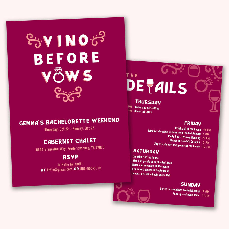 Vino Before Vows Bachelorette Party Invitation | Customizeable, Editable, Digital Winery, Vineyard Bachelorette Itinerary
