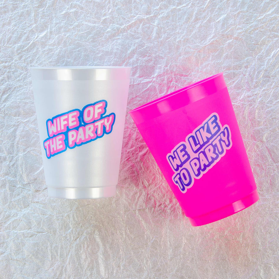 Bachelorette Party Cups, Drinkware, Tumblers | Wife Of The Party, We Like To Party, 1990s, Nineties, Neon Bachelorette Party