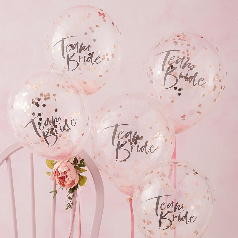 Bachelorette Party Supplies - Team Bride Rose Gold Confetti Balloons